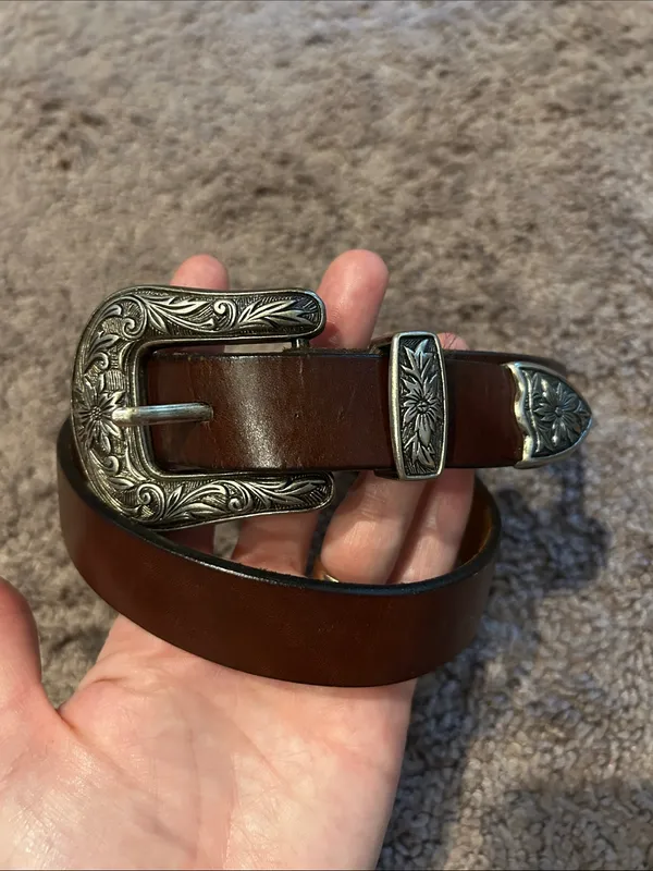 Handmade dark brown leather silver tone floral buckle western belt - Image 4