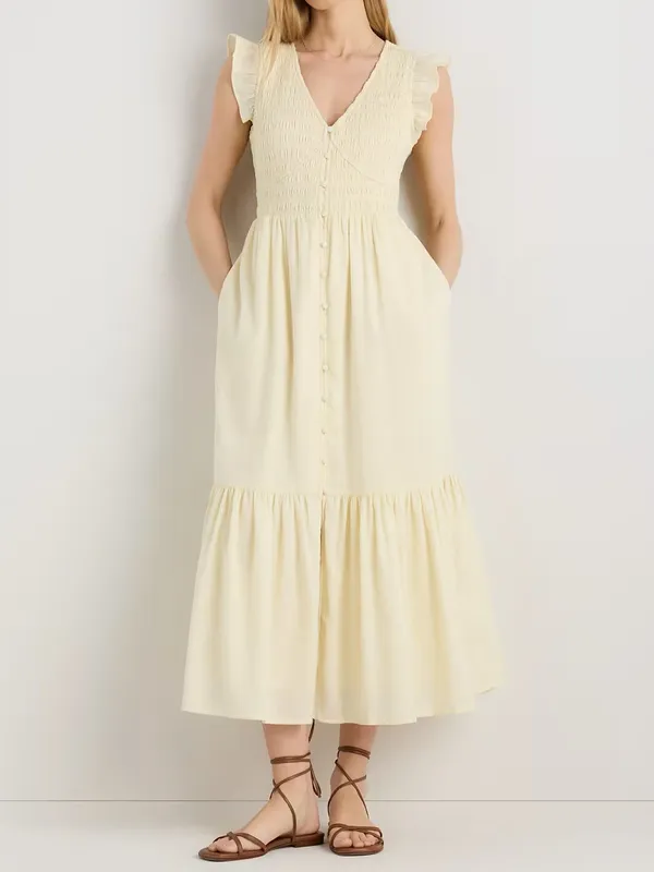 Quince Organic Textured Cotton Smocked V-Neck Midi Dress Pale Custard Yellow L - Image 2