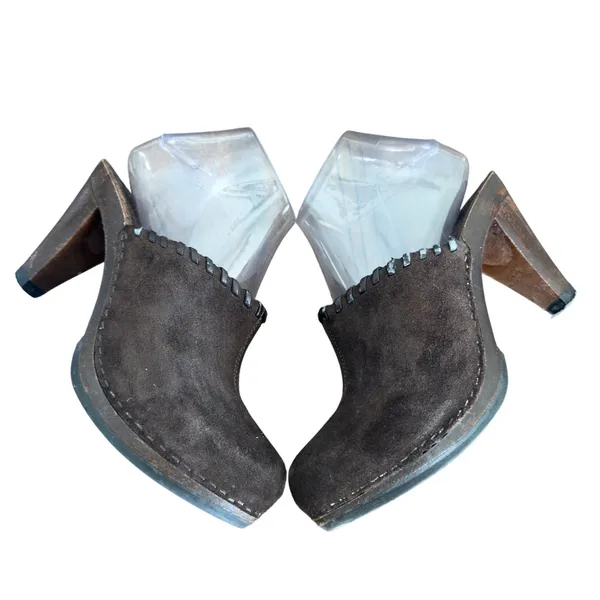 Made in Italy Suede Mules Clogs Chunky Heel‎ Brown Leather Upper Women's Size 6 - Image 4