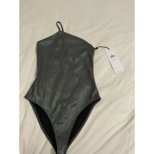 Alo Yoga Alosoft Ribbed Shimmer Bodysuit Dark Grey Iridescent Size S NWT - Image 3