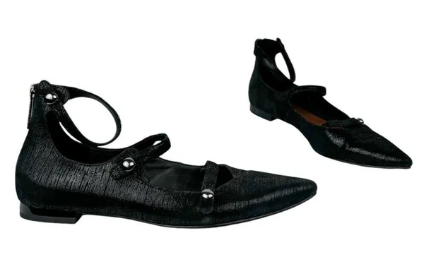 Donald Pliner Womens Strappy Pointed Toe Flats Sz 8 Black Metallic Leather - Image 3