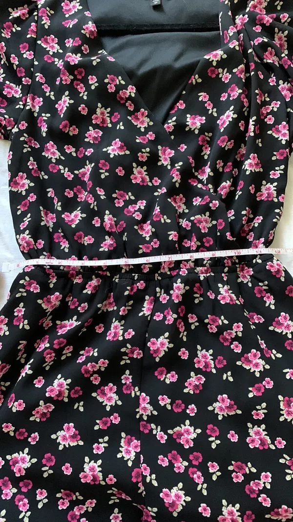 Black Floral Romper V-Neck Surplice ruffle hem, long sleeve size XS - Image 3