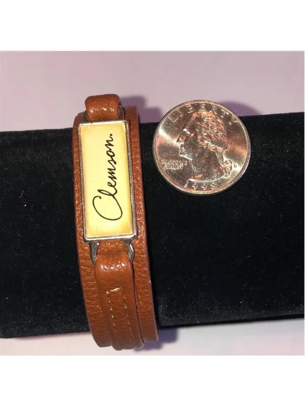 Brown Leather Wrap Bracelet with Clemson Plate - Image 6