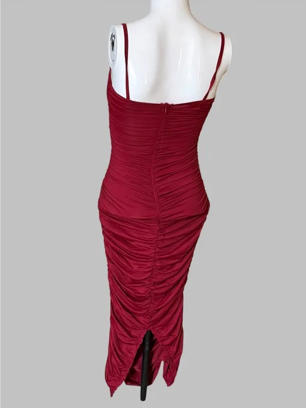 Sleeveless Ruched Midi Dress in Burgundy - Women Dresses Midi - Image 4