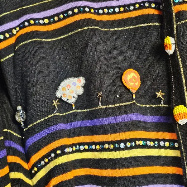 Vintage Berek Black Orange Striped Embellished Halloween Cardigan‎ Sweater Large - Image 3