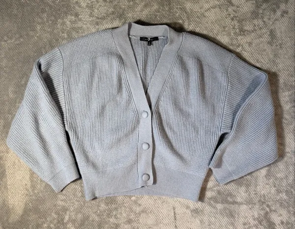 7 For All Mankind Small Light Blue Gray Chunky Knit V Neck Cardigan Sweater Soft - Image 2