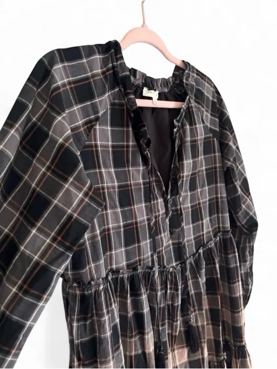 Prómesa Truly Tartan Tiered Midi Prairie Dress Black Brown Ombre Plaid Boho Sz S - Image 5