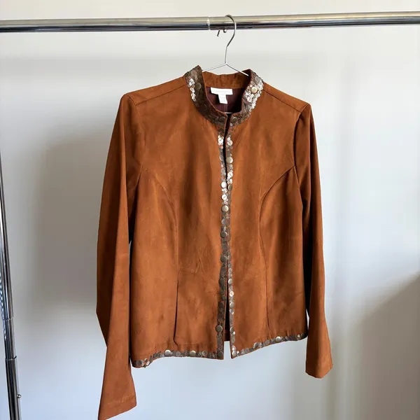 Vintage Charter Club Faux Suede Jacket M Sequin Collar Boho Revival Funky Chic - Image 3