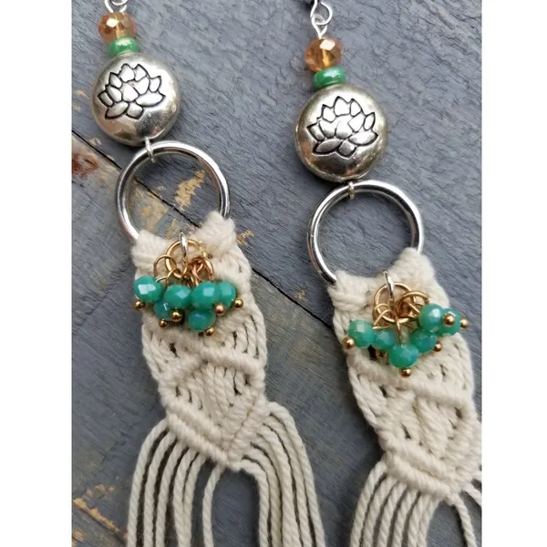 Bohemian Cream Macrame Tassel Earrings with Turquoise Beads - Image 2