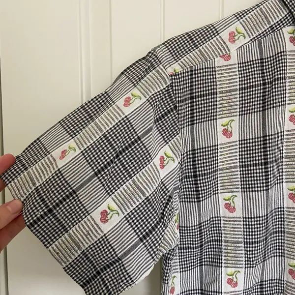 Vintage adult black cream checkered plaid cherry embroidered button‎ down shirt - Image 2