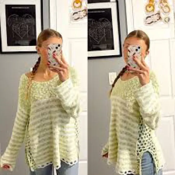 Free People Crochet Loose Fit Scoop Neck Striped Green & White - Image 2