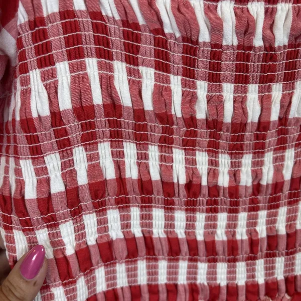 English Factory |Tuckernuck Gingham Puff Sleeve Tiered‎ Dress Medium Tomato Girl - Image 5