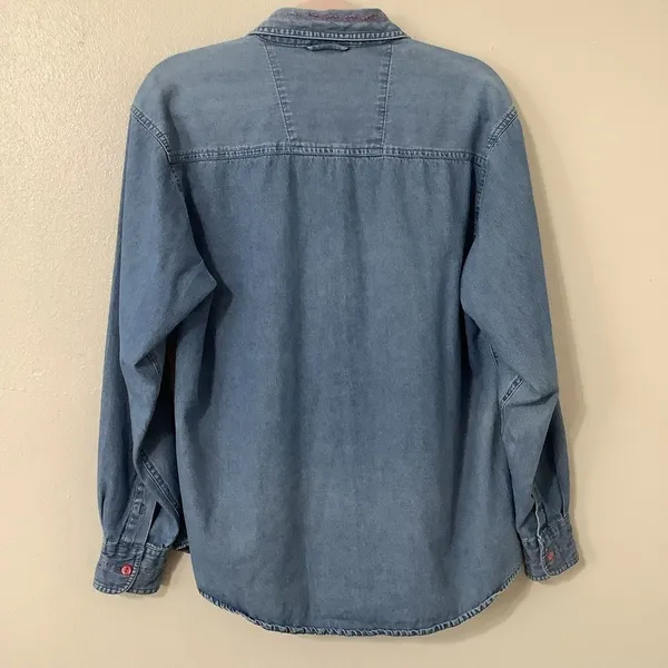 Vintage 90s Western Cottagecore Grandmacore Pink Embroidered Denim Blouse Medium - Image 8