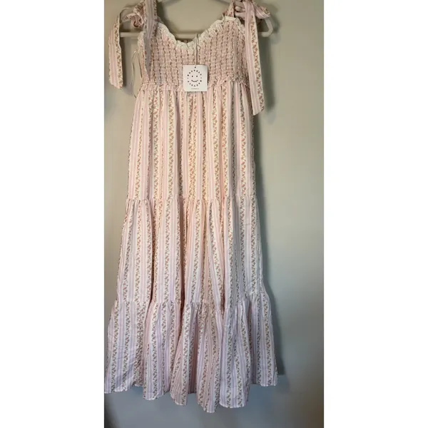 Baevely Tie-Shoulder Light Pink Floral Maxi Dress with Smocked Bodice Sz S NWT - Image 2