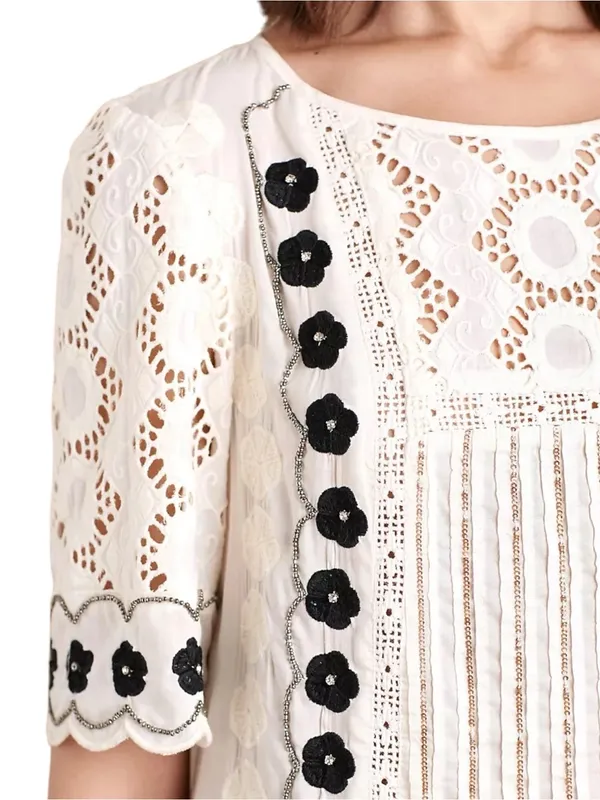 Anthropologie Floreat 4 White Eyelet Lace Black Floral Trim Veille Peasant Top - Image 3