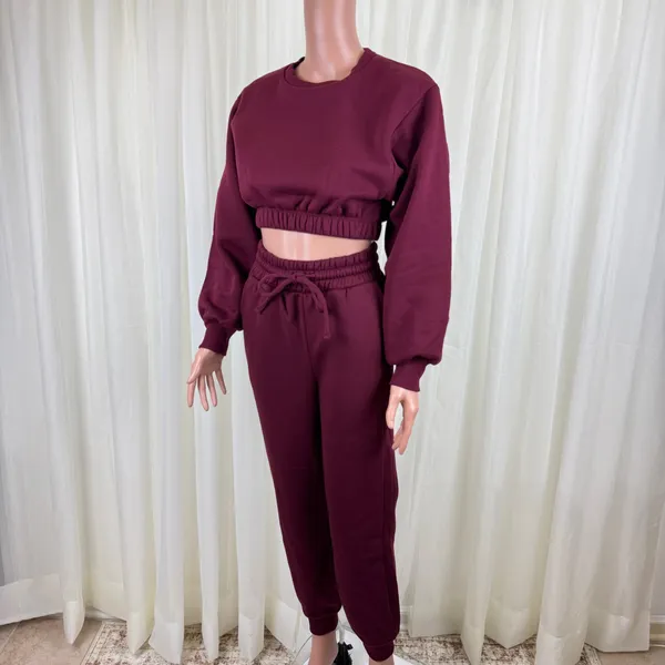 Zenana 2 Pcs Crop Sweatshirt Tracksuit Jogger Pants Set Outfit Active Loungewear Burgundy Size XS - Image 3