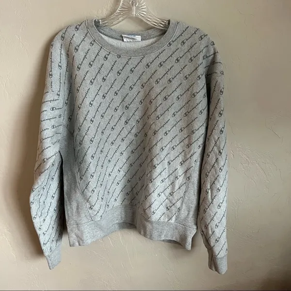 Champion Gray Reverse Weave All Over Logo‎ Pullover Sweater - Image 2