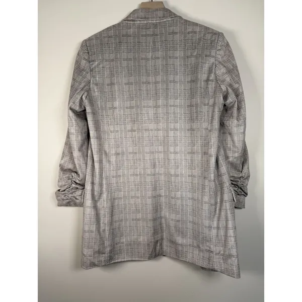 Zara Blazer Women's M Plaid Gray Faux Suede Ruched Sleeve Long Line Open‎ Front - Image 7