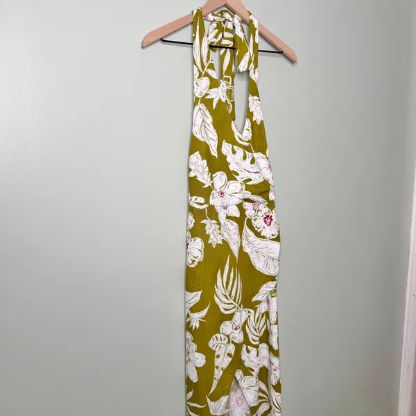 NEW Zara Linen Floral Tropical Halter Neck Maxi Dress Green Khaki White Pink XS - Image 7