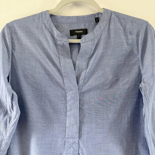 Theory Blue Cotton Chambray Collarless Tunic Shirt Long Sleeve G0704 S - Image 3