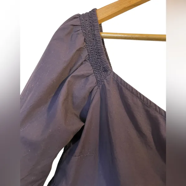 FREE PEOPLE Navy Blue Cotton Off Shoulder Ruffle Crop Top Peasant Blouse - Sz XS - Image 4