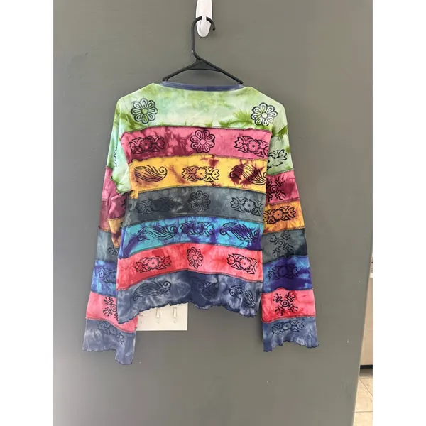 Nepal Cotton Patchwork Tie Dye‎ Long Sleeve Top Om Symbols Boho Hippie Womens L - Image 5