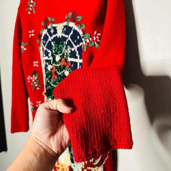 Vintage 90s Metropolitan New York Red Ugly Tree Bows Candy Cane Sweater Size S - Image 7