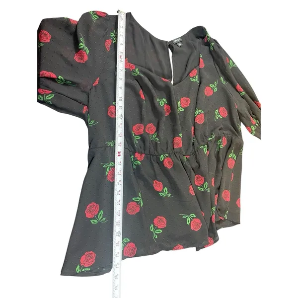 Torrid Size 3 Black Rose Print Peplum Blouse Sheer Sleeves Romantic Gothic 3X - Image 7