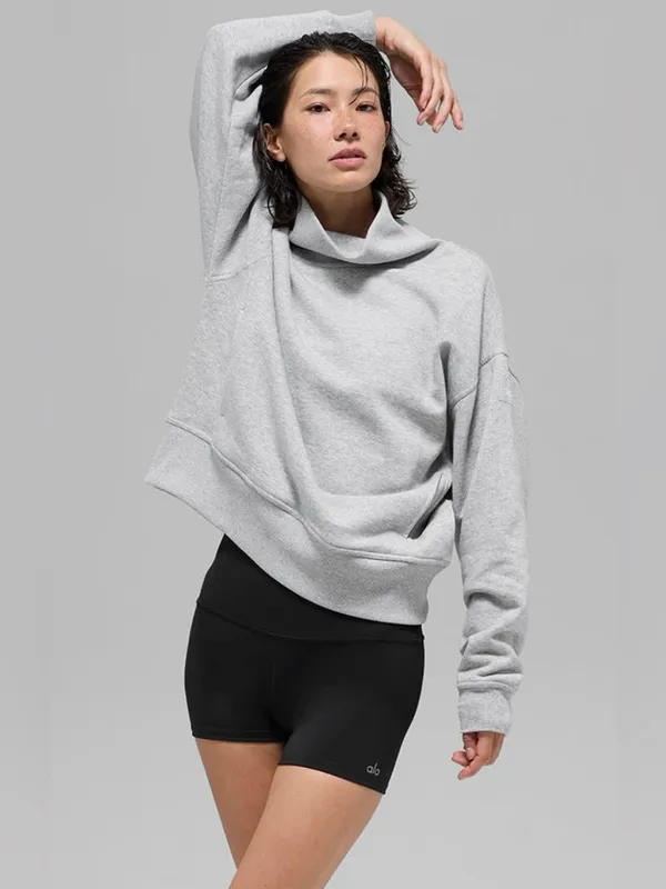 Alo Yoga NWT Hazy Mock Neck Pullover Sweatshirt Pockets Athletic Heather Grey S - Image 4