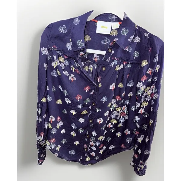 Anthropologie Maeve Fredericka Button Down Top Sz 2 Trees Navy - Image 4