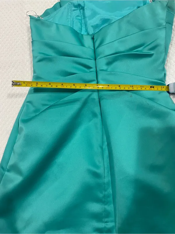 Phoebe Couture Strapless Teal Satin Sheath Dress - Image 3