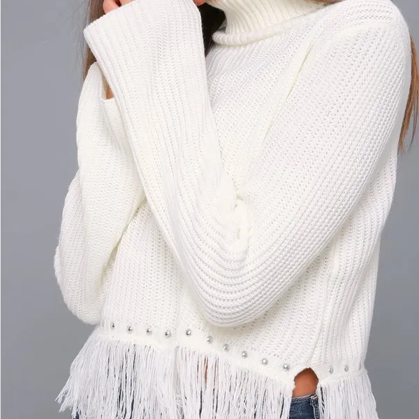Lulus Freethinker Cream Fringe Cropped Sweater - Image 2
