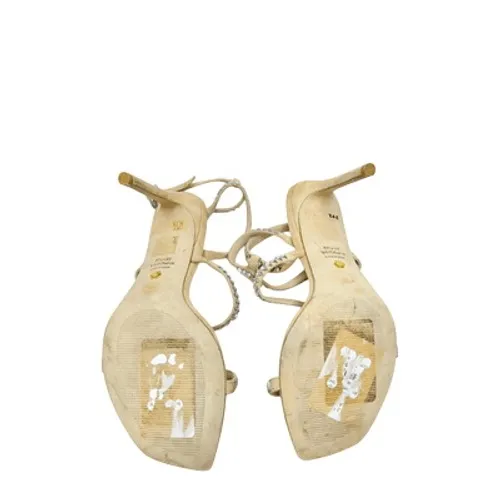 Stuart Weitzman Crystal Embellished Strappy Sandals Beige Suede Heels Size 8B - Image 12
