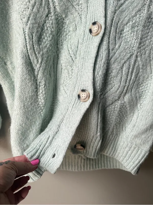 Women’s Cable Knit Cardigan Mint Green Button Front Cozy Cottagecore XS - Image 3