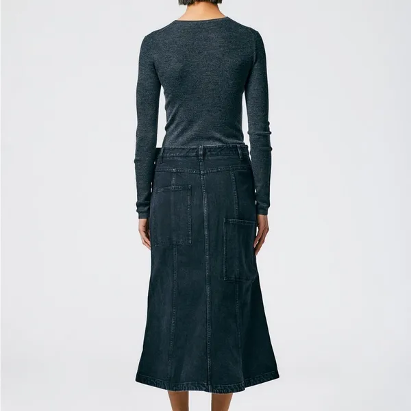 Tibi Size 29 Black Low Rise Denim Jean Midi Skirt with Front Slit - Image 2