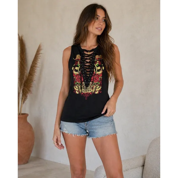 Guess Los Angeles Black Lace Up Graphic Tank Top Roses Rock Style‎ Size Medium - Image 8