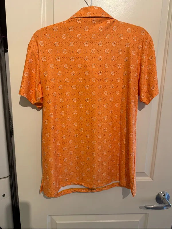 Forged Fabrics Orange Croissant Print Polo Shirt Women’s Medium NWT - Image 5