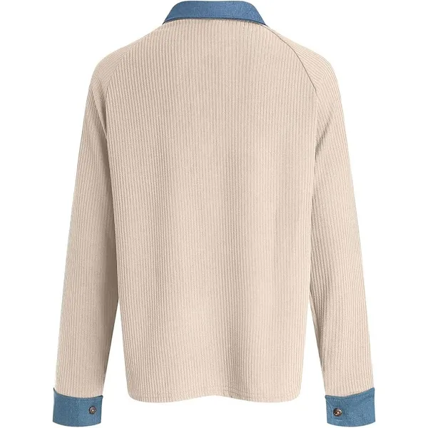 NWOT ~ Women's Beige Ribbed Casual Top with Blue Denim Trim & Collar ~ MEDIUM - Image 3