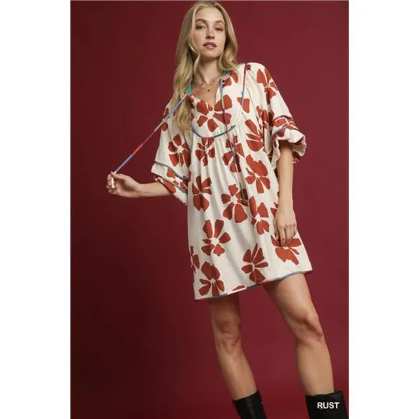 Umgee Two Tone Floral Tie-Neck Babydoll‎ Dress - Image 2