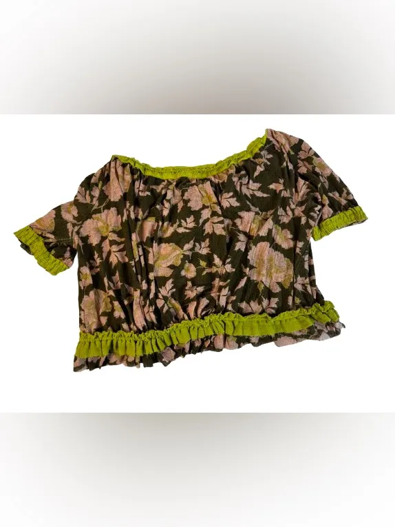 Free People Floral Drawstring V-Neck Crop Top in Olive & Pink - Image 3