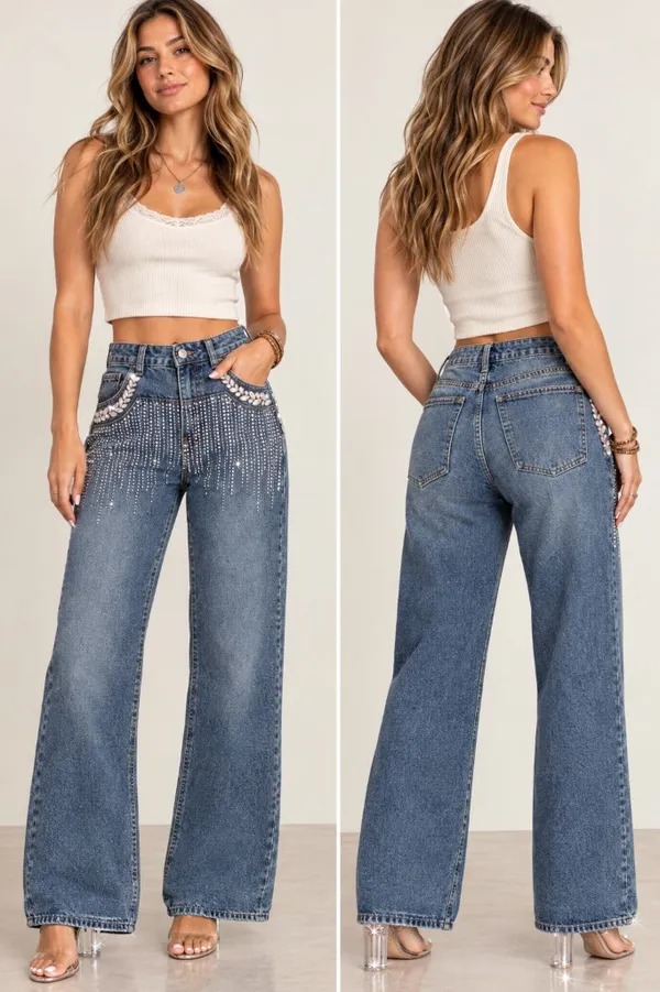 Rhinestone Embellished Wide Leg Jeans Dark Wash Bling Denim Size M - Image 2