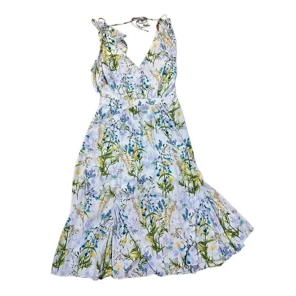 Adelyn Rae ruffle floral midi open back sky blue‎ dress sz M - Image 3