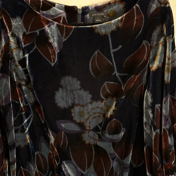 Ann Taylor Navy Floral Velvet Puff Sleeve Dress Size 2 - Image 2