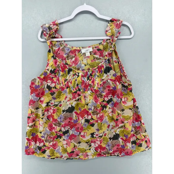 LOFT Floral Tank Top Women Large Multicolor Smocked Ruffle Strap Boho Scoop Neck - Image 3