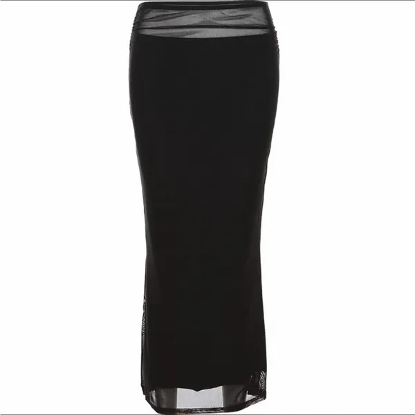 Black Minimalist Y2K Mesh Stretchy Flowy Elastic High Waisted Long Maxi Skirt - Image 3