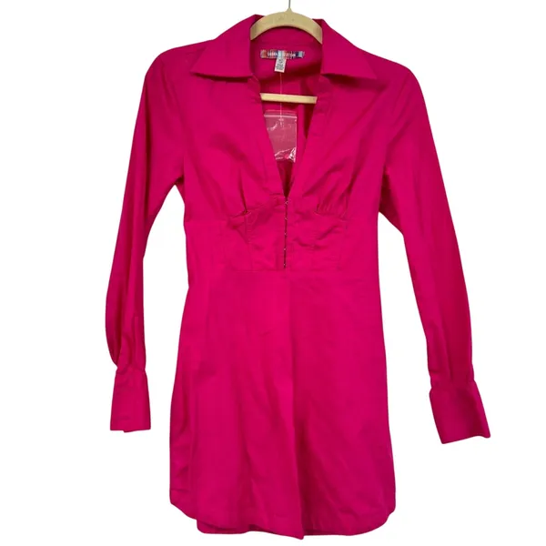 Urban Outfitters Hot Pink Long Sleeve Mini Dress Womens XS Barbie Core Collared - Image 2