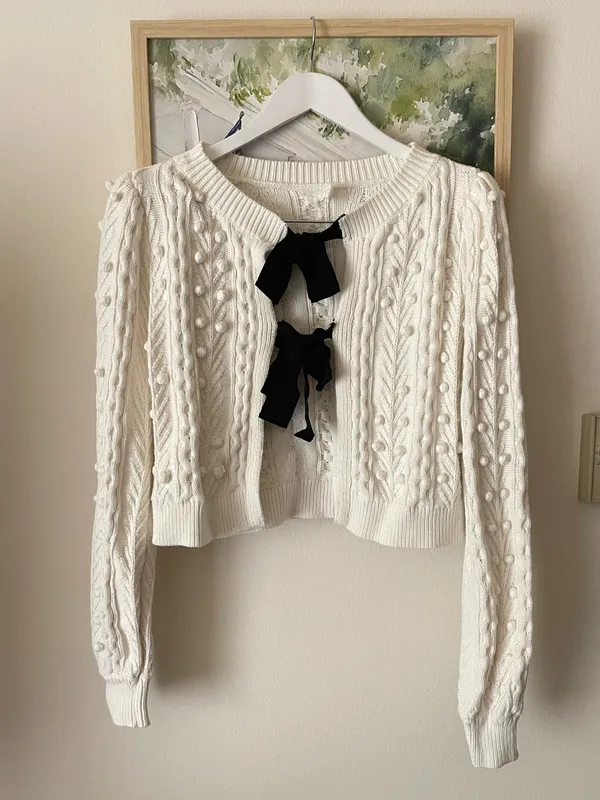 A Loves A Bow Front Cable Knit Bobble Pom Pom Cardigan Sweater Medium - Image 2