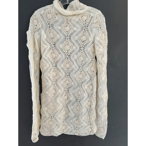 Zara Womens Cream Open‎ Knit Crochet Turtleneck Sweater Wavy Diamond Boho Small - Image 3