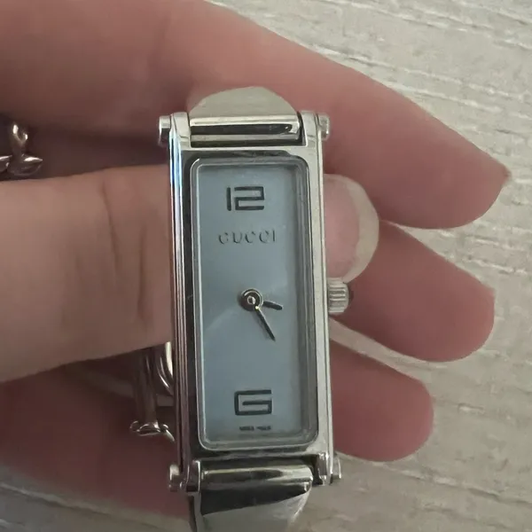 Gucci Silver and Gold Rectangular Watch with Metal Link Band - Image 7