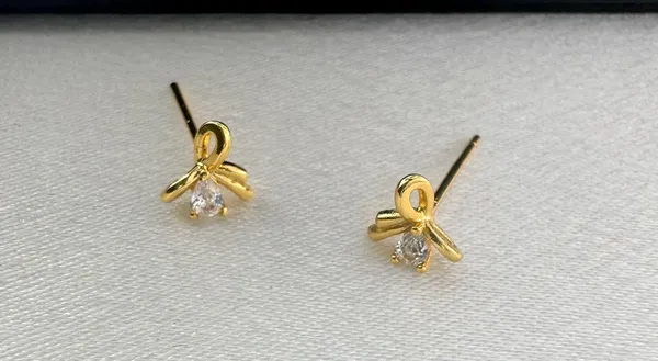 Small CZ Bow Stud Earrings for Women Gold - Image 3